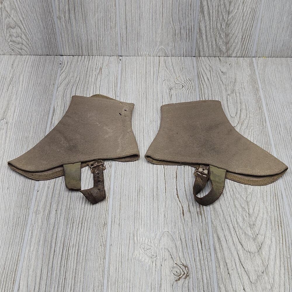 Vintage Military Gaiters Khaki Wool Canvas Puttees Leather Strap Buckle USA WWII - Picture 4 of 6